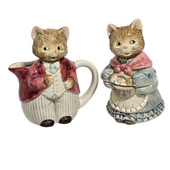Otagiri Mr. & Mrs. Whiskers Creamer Sugar Set Cats Kitten Anthropomorphic couple - Picture 1 of 9